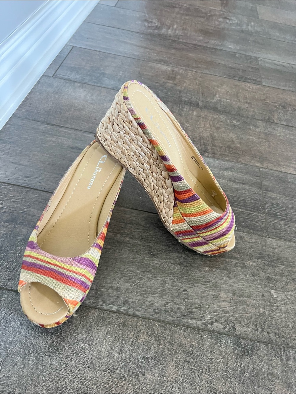 CL by Laundry Striped Peep-Toe Wedges in Purple, Orange, Yellow, Pink